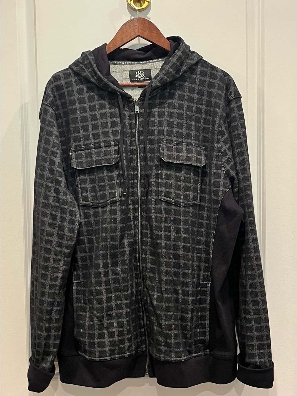 Rock & Republic Black & Gray Check Zip Hoodie Jacket